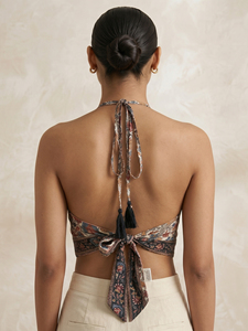Wholesale Bohemian Kalamkari Floral Print Crop Top Halter Neck Sleeveless Open <b>Back</b> <b>Tie</b> Up Blouse Women's Comfortable Wear - Product Image 4