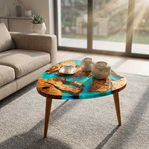 Modern <b>Resin</b> <b>Wood</b> Coffee <b>Table</b> Handmade Contemporary Living Room Furniture Natural Finish Blue Green Design - Product Image 6