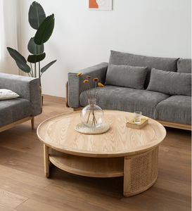 Modern Light Luxury Solid <b>Wood</b> <b>Round</b> <b>Coffee</b> <b>Table</b> With Natural Rattan Side Panels For Hotel Living Room Apartment - Product Image 4