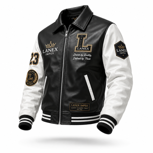 Custom Black <b>White</b> Leather Varsity <b>Jacket</b> for <b>Men</b> Letterman Bomber <b>Jacket</b> with Chenille Embroidered Patches OEM ODM Manufacturer - Product Image 1