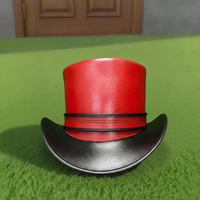 Chapeau haut de forme en cuir rouge fait main de qualité supérieure, sur mesure, pour cosplay steampunk, avec bande de bordure noire