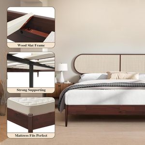 Natural Wood <b>Bed</b> <b>Frame</b> Rattan Headboard | Contemporary Hotel Furniture | OEM Available - Product Image 5