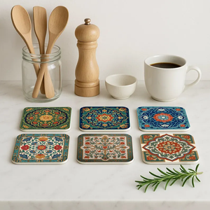 Juego de posavasos de madera Meena personalizados con patrón Meena hecho a mano, artesanía 3D hecha por blossom craft india - Product Image 3