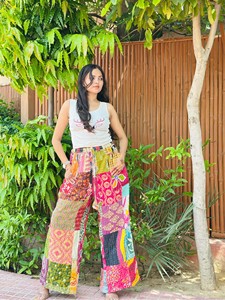 Bohemian Patchwork Wide Leg Pants Women High Waist Regular Fit Full Length Cotton Bamboo Fiber Elastic Waist Summer Eco-Friendly - Product Image 6
