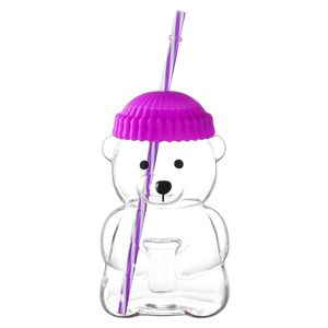 Bicchiere in Vetro Borosilicato Resistente al Calore con Cannuccia, 20 OZ, Design Orsetto Viola, per Succhi, Latte e Bevande Fredde - Product Image 1
