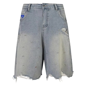 Shorts Bermuda en jean déchiré tissé taille haute pour homme avec strass, séchage rapide, fermeture boutonnée, style streetwear décontracté - Product Image 1