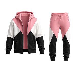 Ensemble de survêtement pour homme rose et noir à blocs de couleur, sweat à capuche zippé et pantalon de jogging, tenue décontractée pour la gym, le fitness, la course et le streetwear - Product Image 2