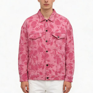 เสื้อแจ็คเก็ตยีนส์พิมพ์ลายดอกไม้สีชมพูสำหรับผู้ชาย คอปกแบบพับได้ ทรงปกติ สไตล์ฤดูใบไม้ผลิ - Product Image 1