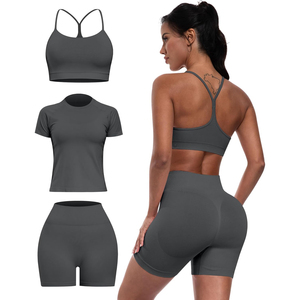 Conjunto de Yoga de 3 Piezas: Shorts de Cintura Alta, Sujetador Deportivo Racerback, Top Corto Sin Costuras, Ropa Deportiva de Color Sólido - Product Image 4