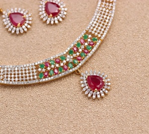 Premium Gemstone <b>Necklace</b> Set Ruby Emerald CZ Pear Cut Gold Plated <b>Statement</b> Jewelry for Women - Product Image 3