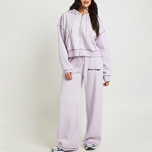 Custom Embroidery Logo Regular Fit Zip up Tracksuit Women 100% Cotton Fleece Contrast Stitch <b>Hip</b> Hop Style Winter Sweatsuit - Product Image 4