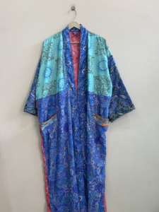 Silk Satin Patchwork <b>Long</b> <b>Kimono</b> Robe Soft and Comfy Summer Spring Dressing Gown with Front Logo - Product Image 3