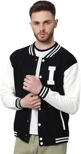 Blouson universitaire homme noir et blanc avec imprimé lettre I, en polaire, décontracté, coupe droite, col rabattu, simple boutonnage, pour l'automne - Product Image 1