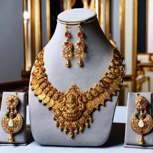 22K Solid <b>Gold</b> Temple Necklace <b>Set</b> | Traditional Indian Bridal <b>Jewellery</b> | Antique Finish Handcrafted <b>Gold</b> Haram - Product Image 4