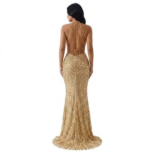 Vestido de Noche de Lujo con Lentejuelas al por Mayor, Vestido de Fiesta Sirena sin Espalda, sin Mangas, con Cuello Halter, Atuendo Formal Elegante para Mujer - Product Image 4
