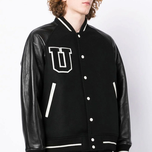 Veste varsity noire pour homme avec broderie U blanche, manches en cuir PU, fermeture à boutons, style preppy, col rabattu, pour l'automne - Product Image 4