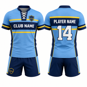 Maillot de football pour homme, manches courtes, bleu clair, marine, jaune, sublimé, respirant, polyester, coupe classique pour adulte - Product Image 1