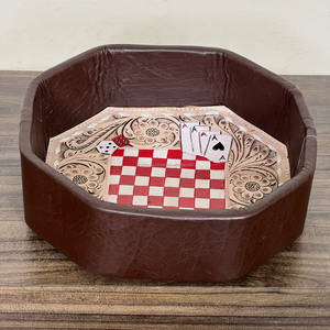Genuine Hand Tooled Leather Octagonal Shape Storage Tray Floral Poker Dice Checkered Design Multifunctional Serving Trays - Product Image 4