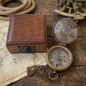 Vintage Brass <b>Compass</b> Perpetual Calendar Handmade Nautical Pocket <b>Compass</b> with <b>Chain</b> Wooden Box Antique Maritime Navigation Gift - Product Image 4
