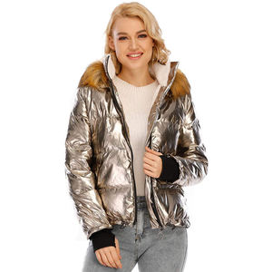 Veste matelassée à capuche argentée avec garniture en fourrure, fermeture éclair, manteau d'hiver, style décontracté, rembourrage épais en polyester, coupe-vent - Product Image 2