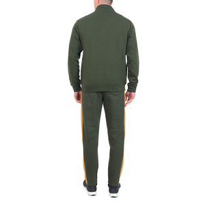 Ensemble de survêtement personnalisé pour homme vert olive avec fermeture éclair, pantalon fuselé à rayures diagonales contrastantes jaune moutarde et blanc, OEM - Product Image 2