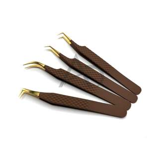 <b>Brown</b> Gold <b>Lash</b> tweezers Custom Logo Fine Tip Textured Handle Beauty Instrument <b>Lash</b> Applicator Tool - Product Image 1
