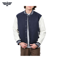 Veste de baseball pour homme en cuir véritable bleu marine et blanc, coupe-vent avec boutons-pression, style streetwear sportif