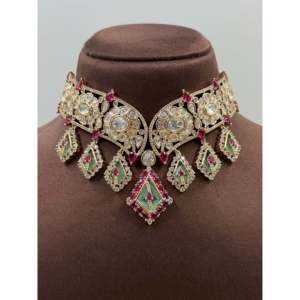 Indian Bridal Gold Plated Mohini Moissanite Choker Necklace & Earring Set - Product Image 2