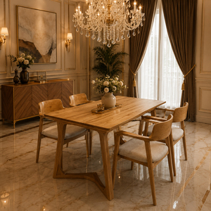 Ensemble de salle à manger scandinave moderne en teck 5 pièces avec chaises à dossier rembourré et table à pieds arqués pour la maison - Product Image 5