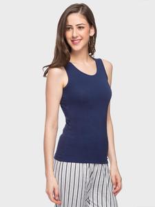 Débardeur en tricot pour femme, couleur unie, col rond, vêtement décontracté, longueur normale, bleu marine - Product Image 1