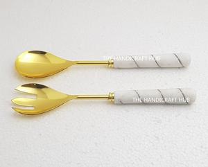 Ensemble de saladiers en métal doré de style américain avec poignée en marbre blanc, luxe pour table, hôtel et restaurant - Product Image 5