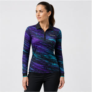 Custom Black <b>Purple</b> Teal Digital Glitch Womens Long Sleeve <b>Polo</b> <b>Shirt</b> Quick Dry Breathable Performance Uniform WPS-0769 - Product Image 2