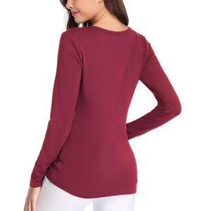 Camiseta de Manga Larga para Mujer, Color Borgoña, Cuello Redondo, Corte Ajustado, Tejido de Punto, Color Sólido, Informal, Transpirable, 100% Algodón, para Todas las Temporadas - Product Image 2