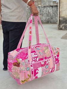 Handmade Floral Print Duffel <b>Bag</b> Blue Pink Cotton Quilted Weekender Travel <b>Bag</b> Large Capacity Zipper Closure - Product Image 3