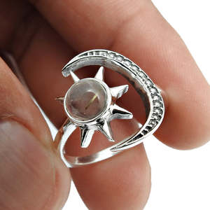 925 Sterling <b>Silver</b> Moon And Sun <b>Ring</b> With Round Cut Golden Rutile Gemstone Pretty Open Design <b>Adjustable</b> <b>Ring</b> In Bohemian Style - Product Image 2