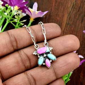 Collar de Algodón de Azúcar Rosa Turquesa con Colgante Bohemio de Plata Esterlina, Joyería Fina Artesanal Hecha a Mano, Regalo del Suroeste para Ella - Product Image 2
