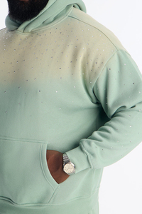 เสื้อฮู้ดดี้ผู้ชายสีเขียวมิ้นท์ประดับคริสตัลวิบวับแบบสั่งทำขายส่ง ทรงหลวมไหล่ตก ไล่เฉดสีแบบวอช พร้อมกระเป๋าจิงโจ้ - Product Image 3