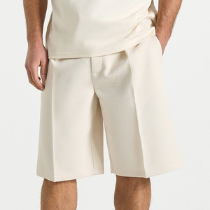 Pantalones Cortos Bermuda Plisados Color Crema para Hombre, Cintura Media, Elásticos, Cómodos, Casuales, de Algodón Oxford, Color Sólido, Transpirables, Tejidos - Product Image 1