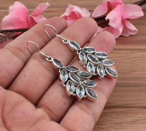 Boucles d'oreilles pendantes en topaze bleue naturelle, argent sterling 925, bijoux de luxe pour femmes, vente en gros - Product Image 2