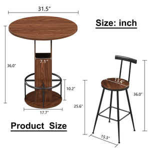 Compact 3-Piece Bar <b>Table</b> <b>Stool</b> Set 31.5 Inch Round Wooden <b>Dining</b> <b>Table</b> with Two Metal Ring Footrest <b>Stools</b> for Home Use - Product Image 2