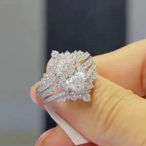 925 <b>Silver</b> Moissanite Enhancer Halo Oval Cut Wedding <b>Ring</b> <b>Set</b> With Two V-shaped Design Half Eternity Wedding Bands for Women's - Product Image 6