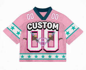Custom Breathable Full Sublimation Mesh Short Sleeve Football Fan Jersey with Vintage Sleeve Stripes and <b>Pink</b> Peace <b>Heart</b> - Product Image 6