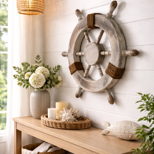 Décoration de roue de bateau nautique antique |   Décoration murale artisanale en bois, volant marin vintage, pour la décoration de maison de style côtier, 46x46x4cm - Product Image 5