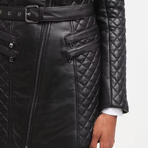 Women's Long Quilted PU Leather Jacket With Zipper Closure Turn-down Collar Autumn Style - Product Image 4