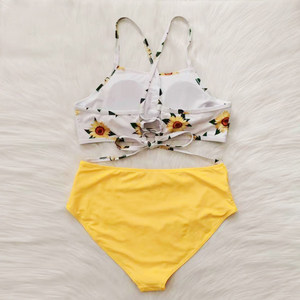 Women's Yellow Bikini Set <b>Crossed</b> Halter <b>Top</b> High Waist Bottom Contrast Binding Spandex Polyester Stretch Eco-Friendly Quick Dry - Product Image 5