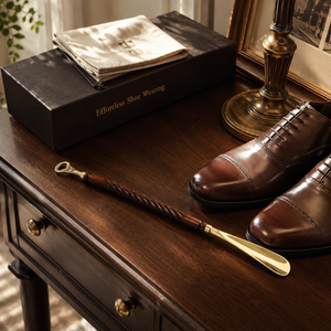 Cuchara para zapatos de latón de primera calidad con mango de madera tallado a mano, asistente para calzarse de mango largo, elegante accesorio de vestimenta para hombres y mujeres - Product Image 3
