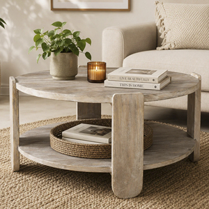 Mesa de Centro de Madera de Mango con Acabado Blanqueado para Sala de Estar, Mesa de Sofá de Madera Sólida, Diseño Moderno para Decoración de Interiores - Product Image 1