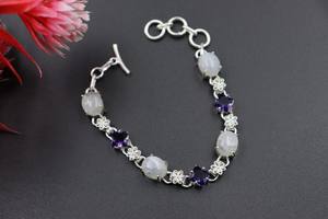Pulsera de Plata con Dijes de Piedra Lunar Ovalada Natural y Amatista, Joyería de Lujo para Mujer, Hecha a Mano, Regalo de Aniversario - Product Image 4