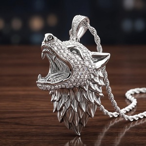 Collier Pendentif Tête de Loup Plaqué Or 18K avec Zircons Cubiques, Chaîne Corde, Bijou Hip Hop pour Homme - Product Image 2