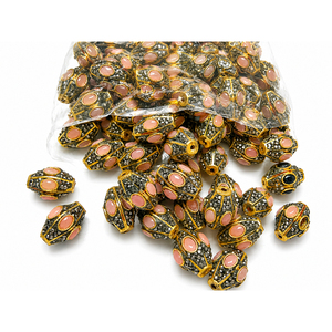 Shree Ambikanath Brass Dholak <b>Beads</b> Gold Enamel Oval <b>Pink</b> Kundan Stone Jewelry Making Components Necklace SASDB01 - Product Image 1
